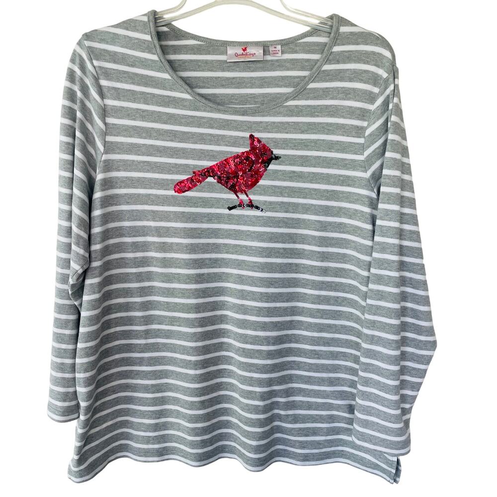 Quacker Factory Gray Knit Sequin Cardinal V Neck … - image 1